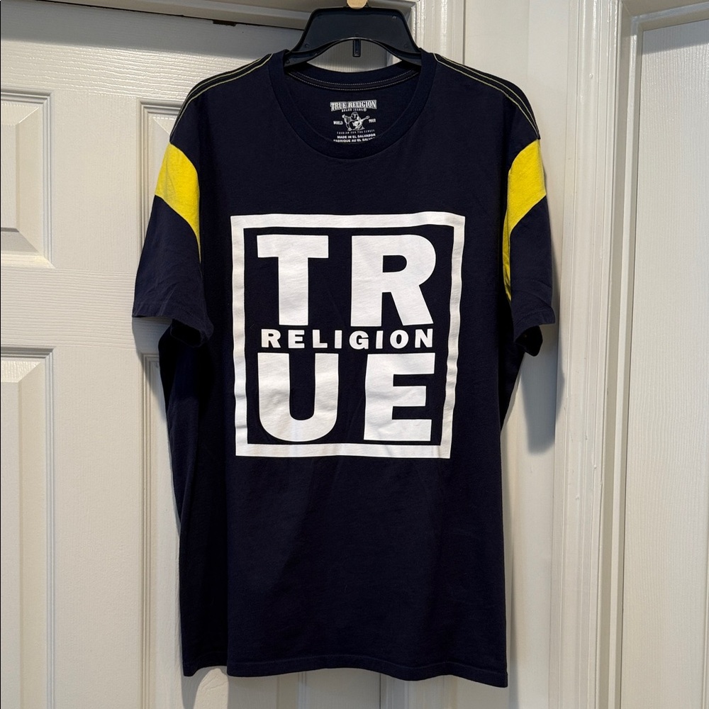 Y2K Men XXL True Religion Nostalgic Navy Retro Bold Fall Football Autumn Tee - Picture 10 of 16